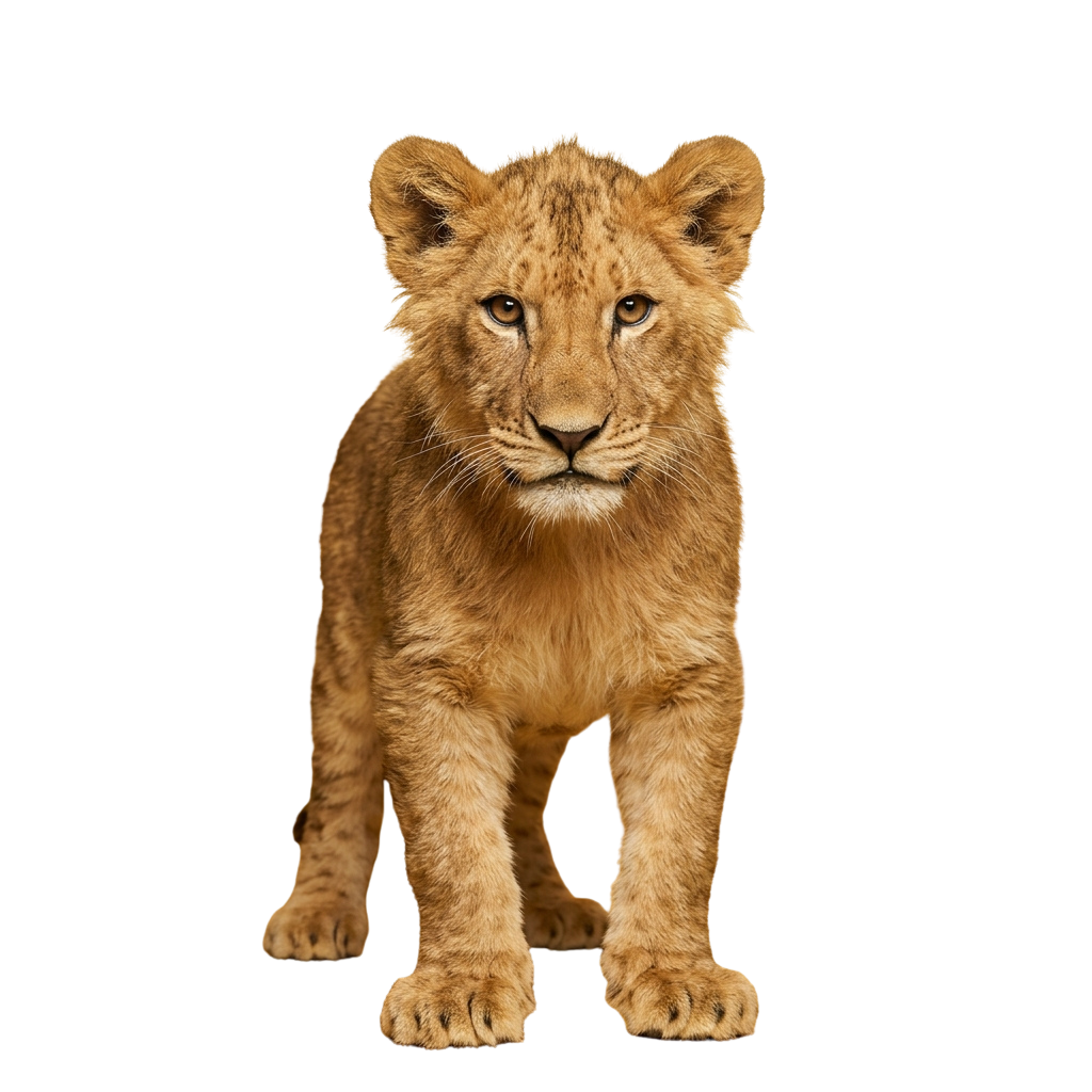 A young lion cub standing upright against a black background
