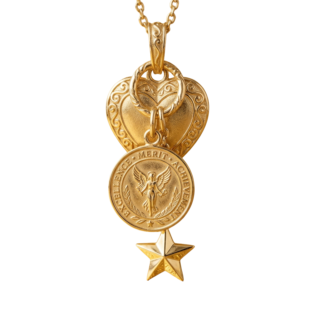 Gold-colored heart-shaped pendant with intricate designs, a circular emblem reading Merit Activity, and a star charm hanging from a chain.