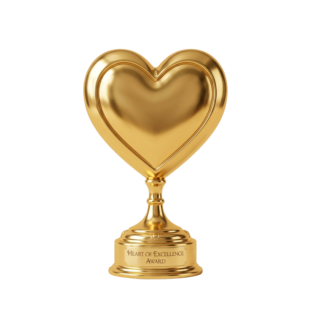 A shiny gold heart-shaped trophy on a pedestal labeled Heart of Excellence Award