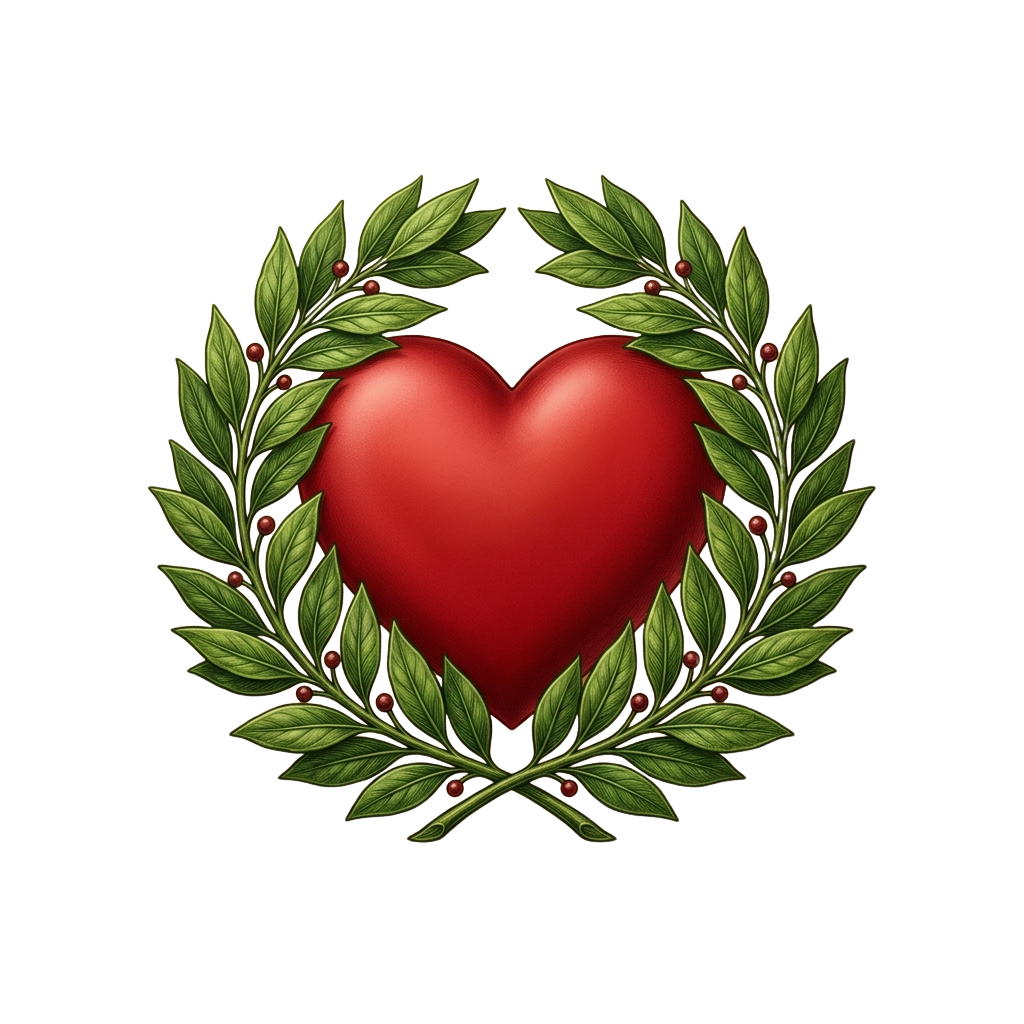 A vibrant red heart surrounded by a lush green laurel wreath with red berries