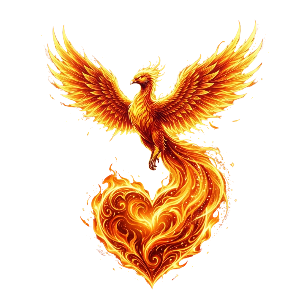 A stylized phoenix bird with glowing orange flames and a heart-shaped fire beneath it