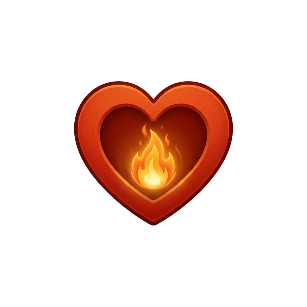 A glowing flame inside a red heart shape on a black background