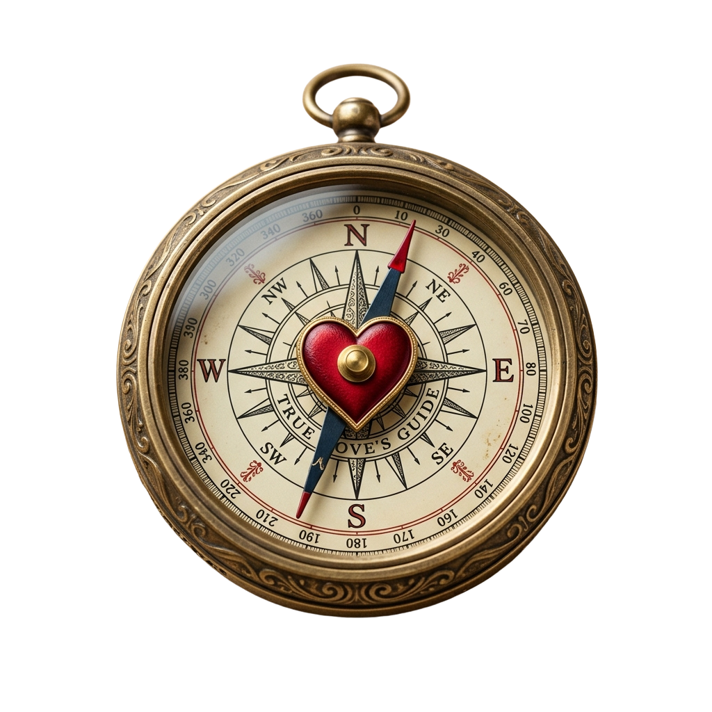 Antique-style compass watch featuring a red heart at its center and directional markings around the rim
