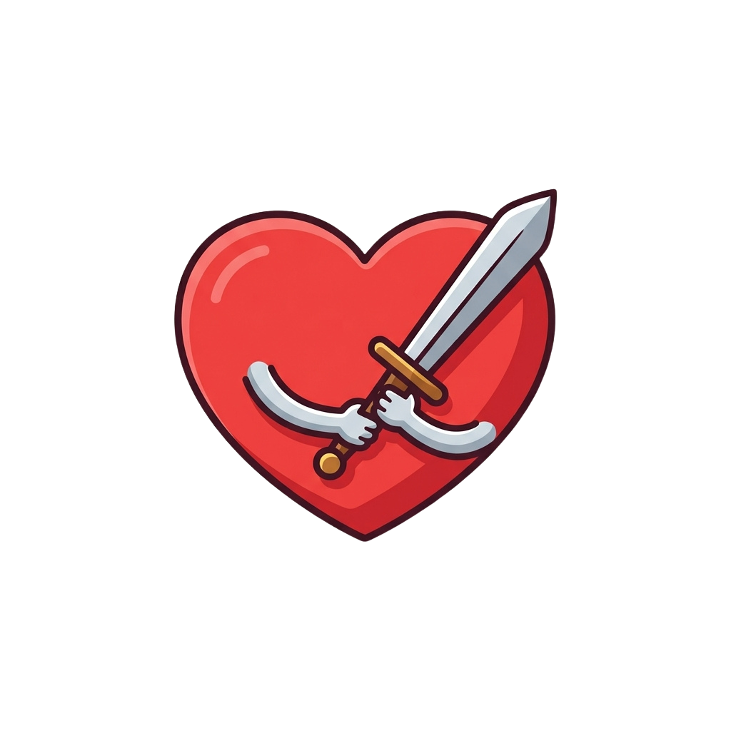 A red heart icon with two hands gripping a sword inside it