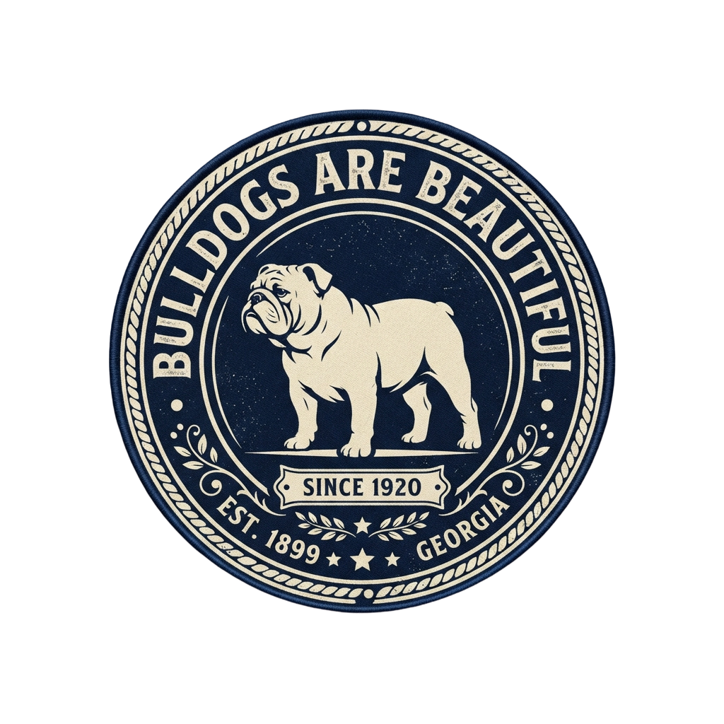 White bulldog illustration on a dark blue circular badge with text reading Bulldogs Are Beautiful, Since 1920, Est 1899, and Georgia