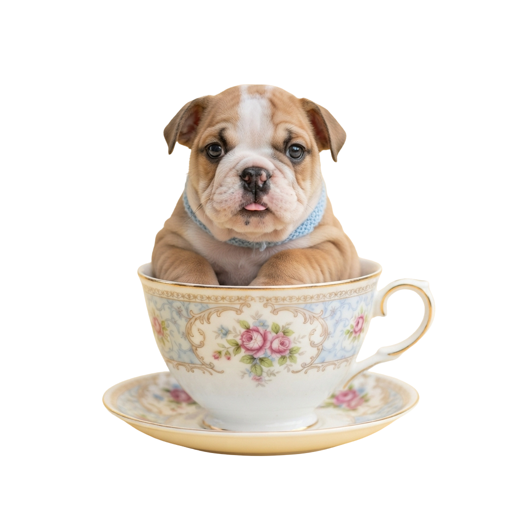 A bulldog puppy sitting inside a decorative floral tea cup on a saucer