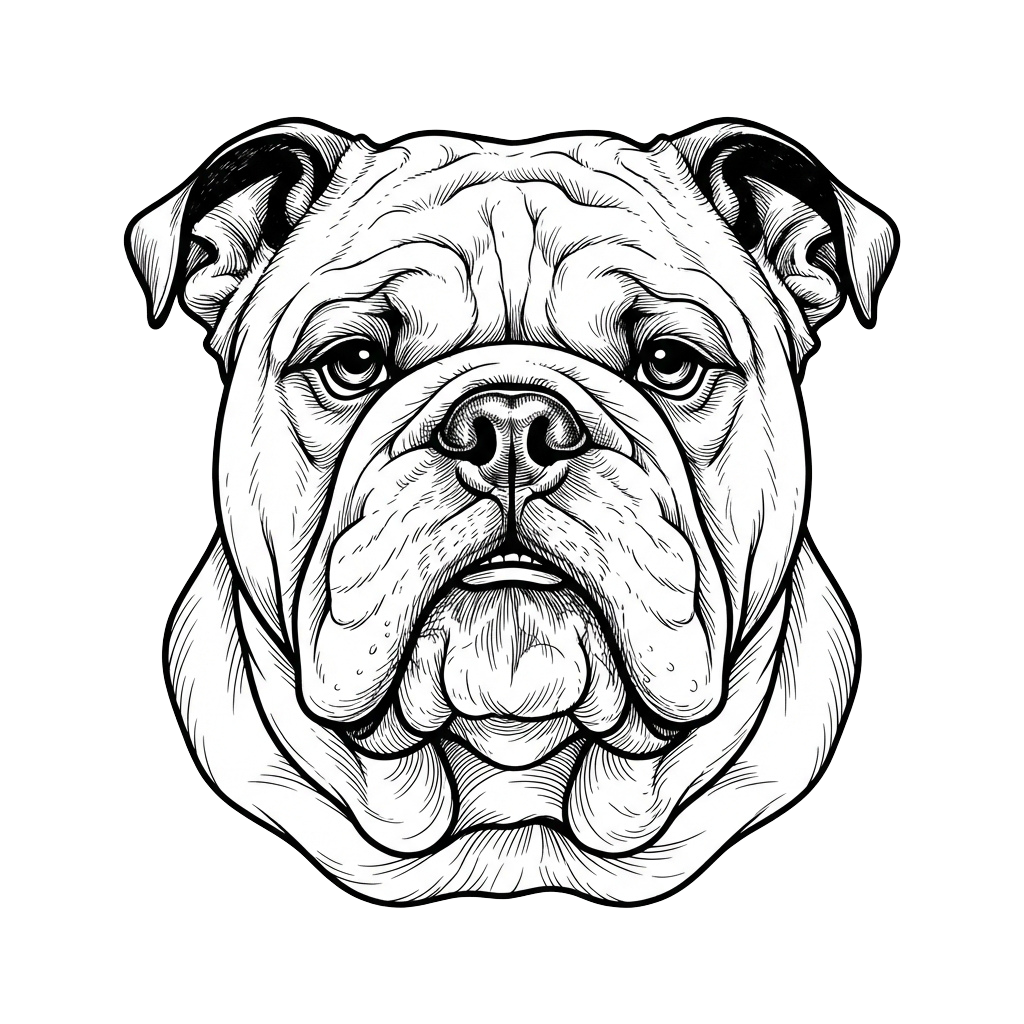 Black and white detailed sketch of a bulldog facing forward