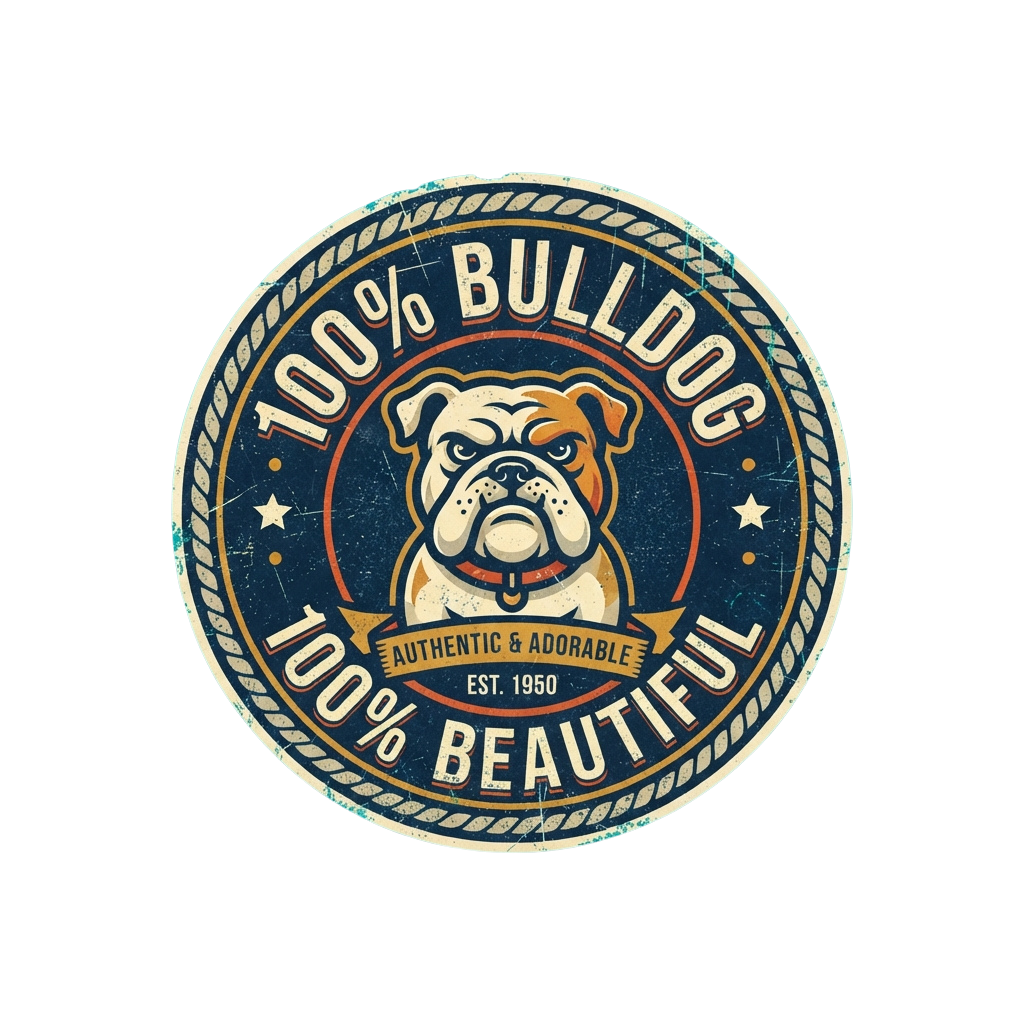 A stylized bulldog inside a circular badge labeled 100 percent bulldog and 100 percent beautiful with vintage design elements