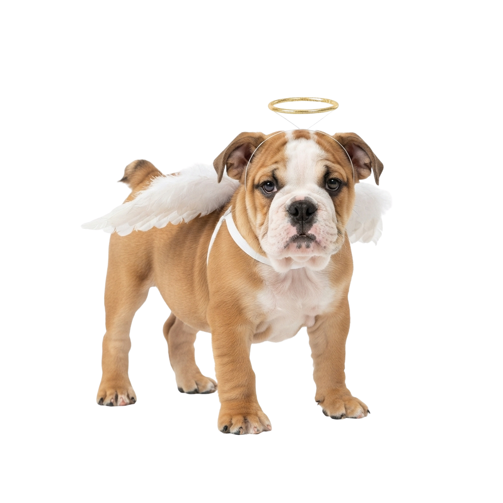 A bulldog puppy wearing angel wings and a halo, standing on a black background