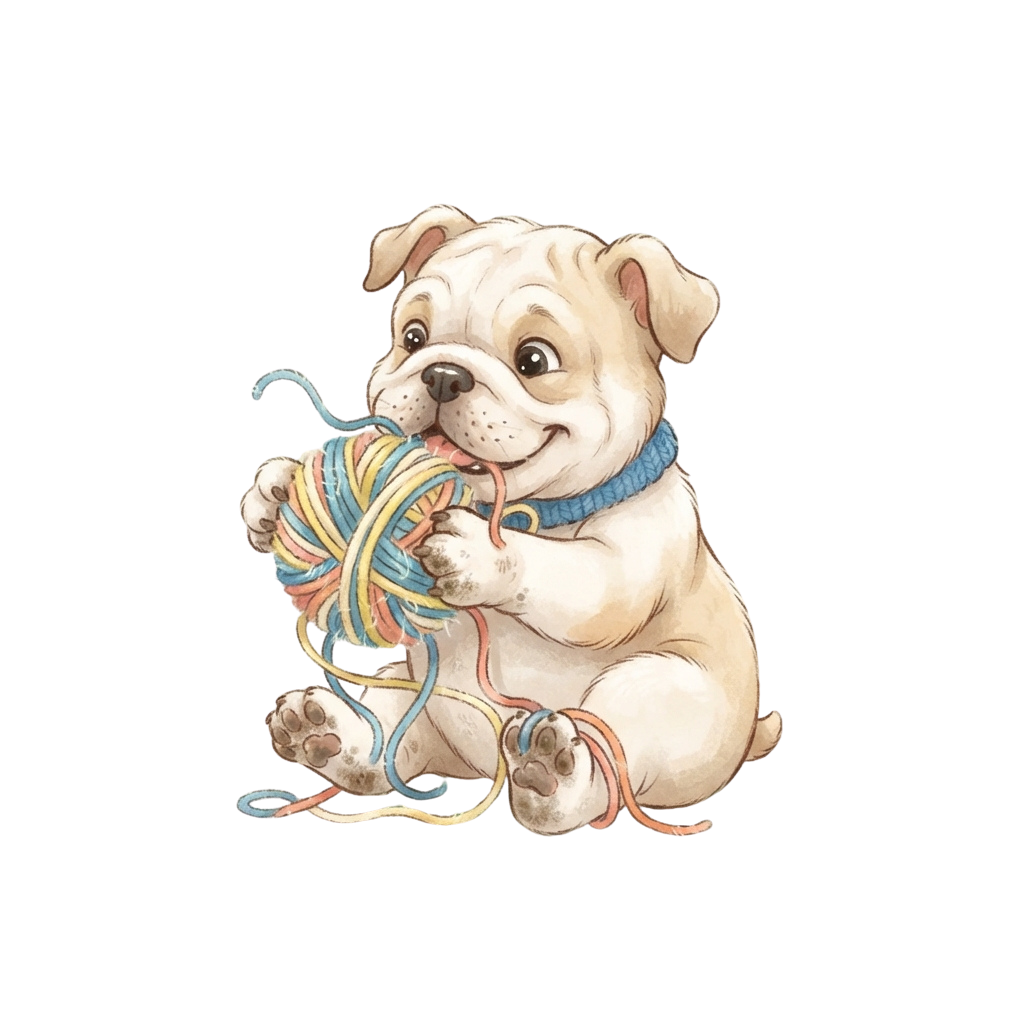 A cheerful puppy wearing a blue collar chewing on a colorful ball of yarn.