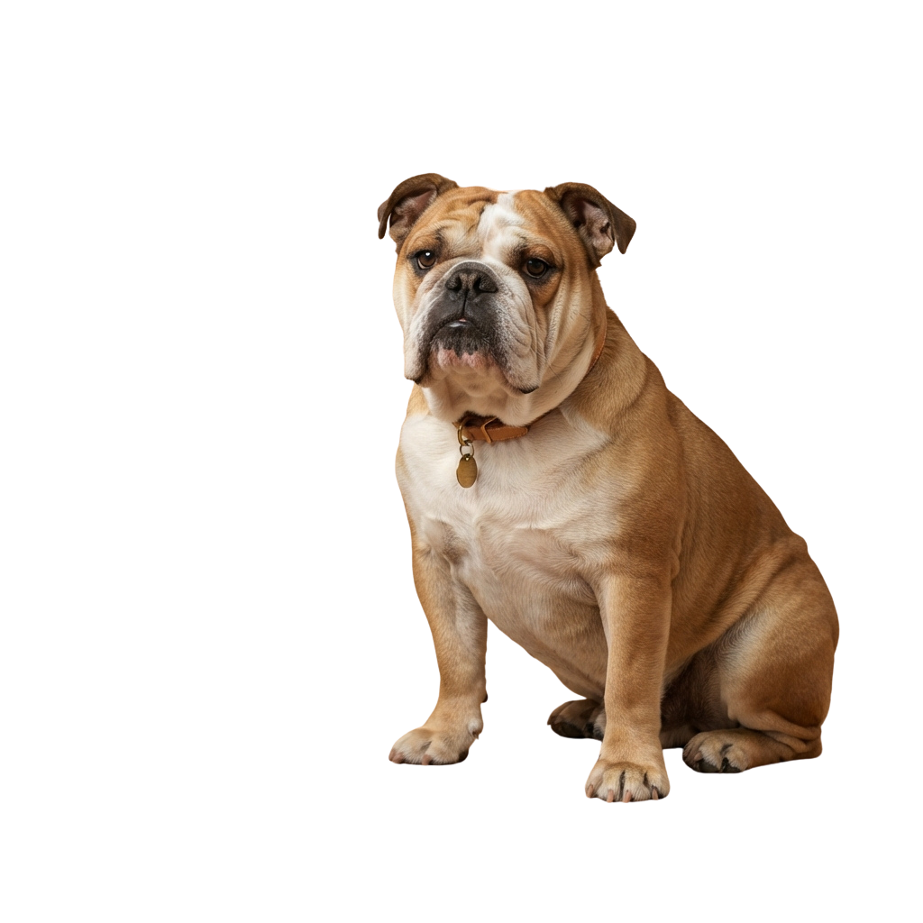 A brown and white English Bulldog sitting calmly against a black background