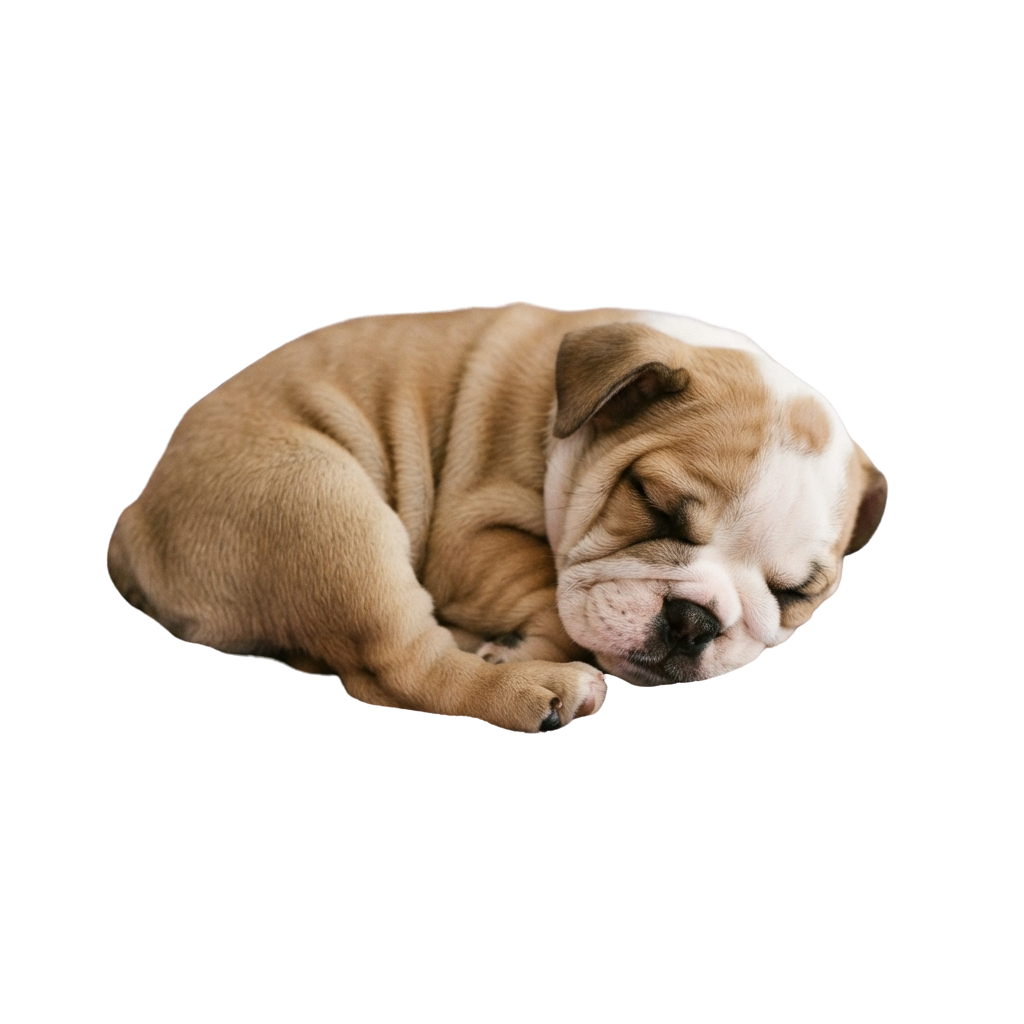 A sleeping English bulldog puppy curled up on its side