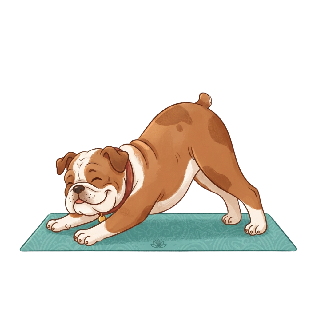 A bulldog in a downward dog yoga pose on a blue exercise mat