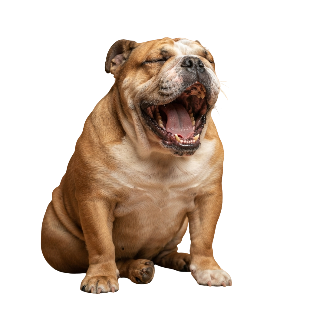 A smiling bulldog sitting on a black background with its mouth open, appearing happy and vocalizing.