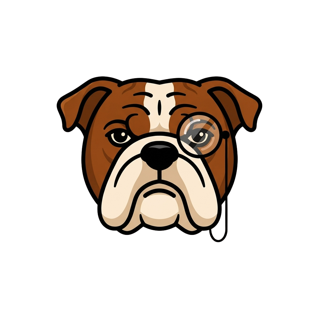 A cartoon bulldog with brown and white fur wearing round glasses, facing forward.