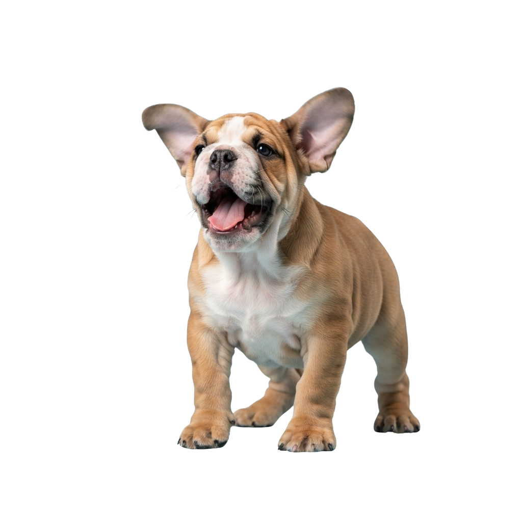 A smiling French Bulldog puppy with light brown coat and white paws standing against a black background