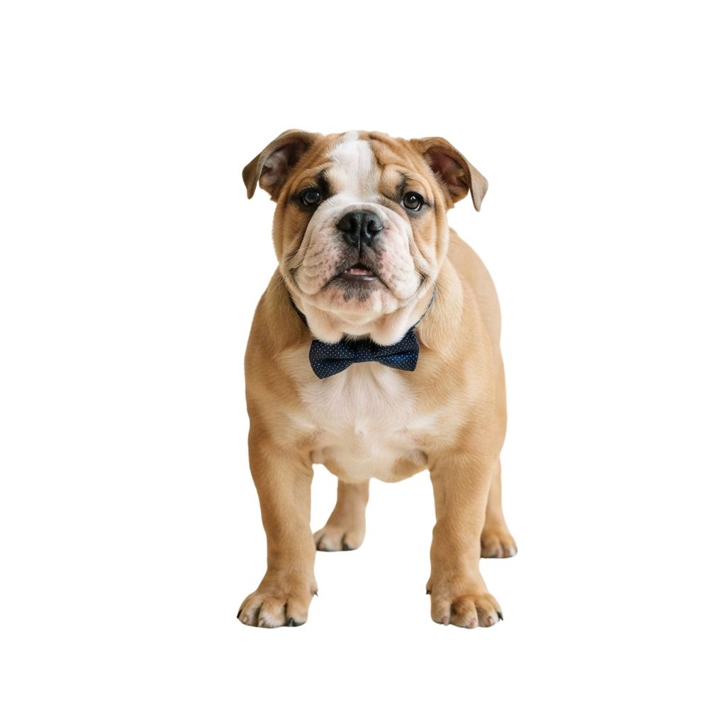 A light tan English bulldog puppy wearing a small bow tie, looking directly at the camera