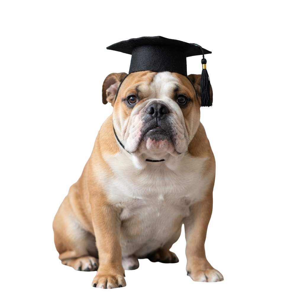 A smiling bulldog sitting and wearing a black graduation cap
