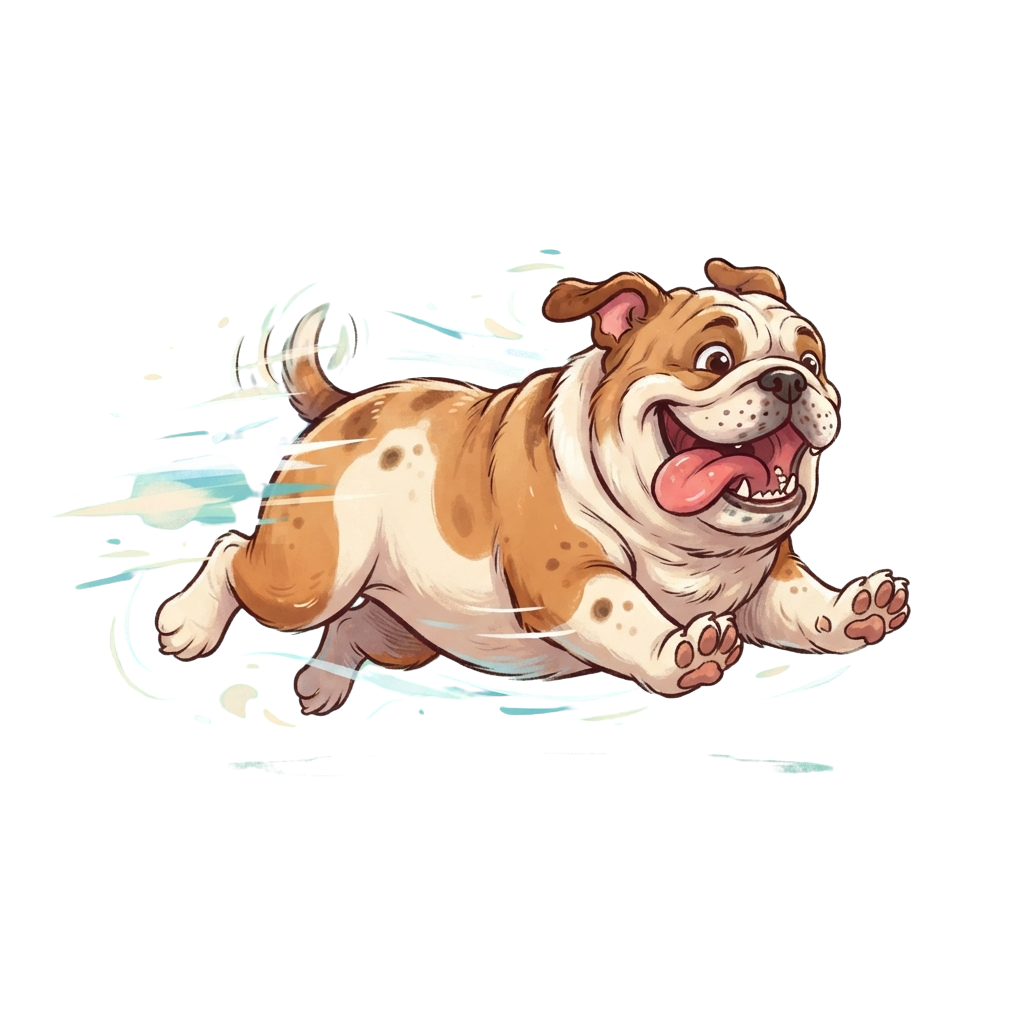 A cartoon bulldog running happily with a joyful expression and motion lines around it