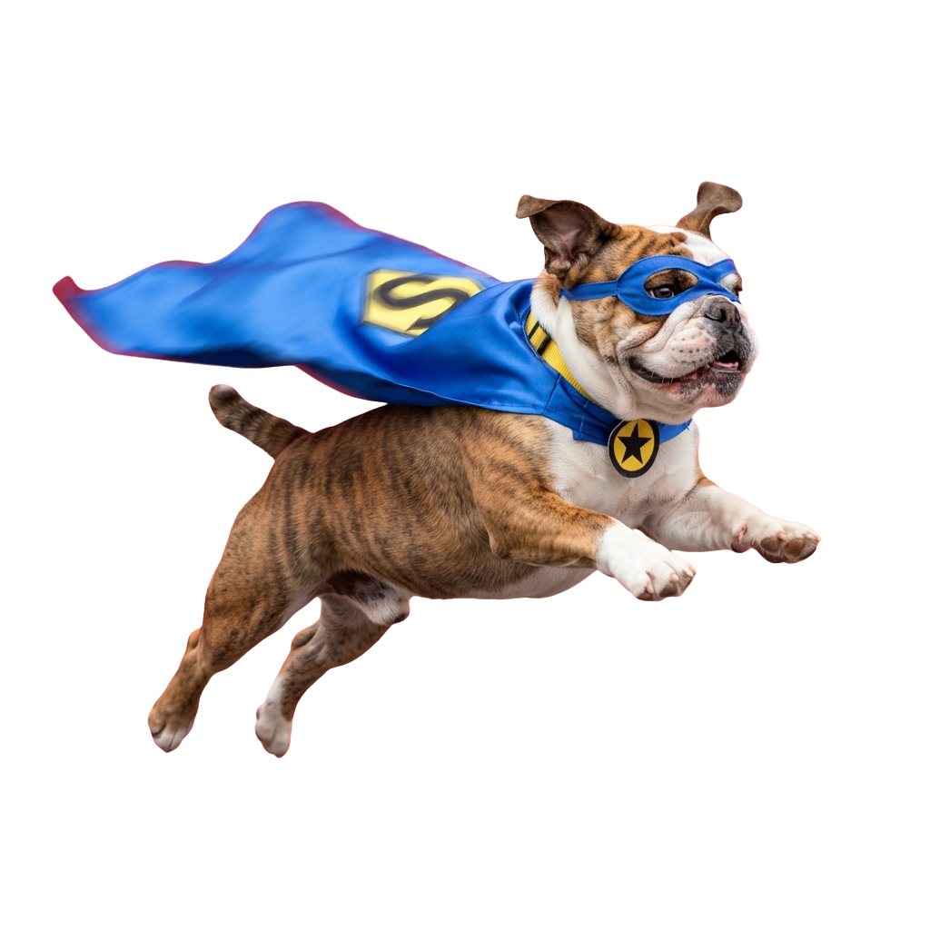 A bulldog in mid-air wearing a blue superhero cape and mask