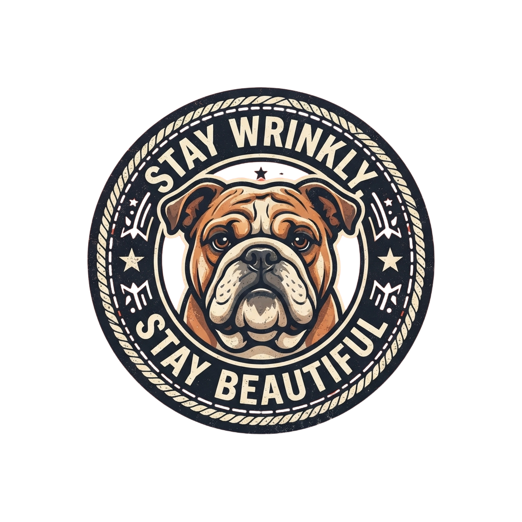 A bulldog with a friendly expression inside a circular badge that reads Stay Wrinkly Stay Beautiful