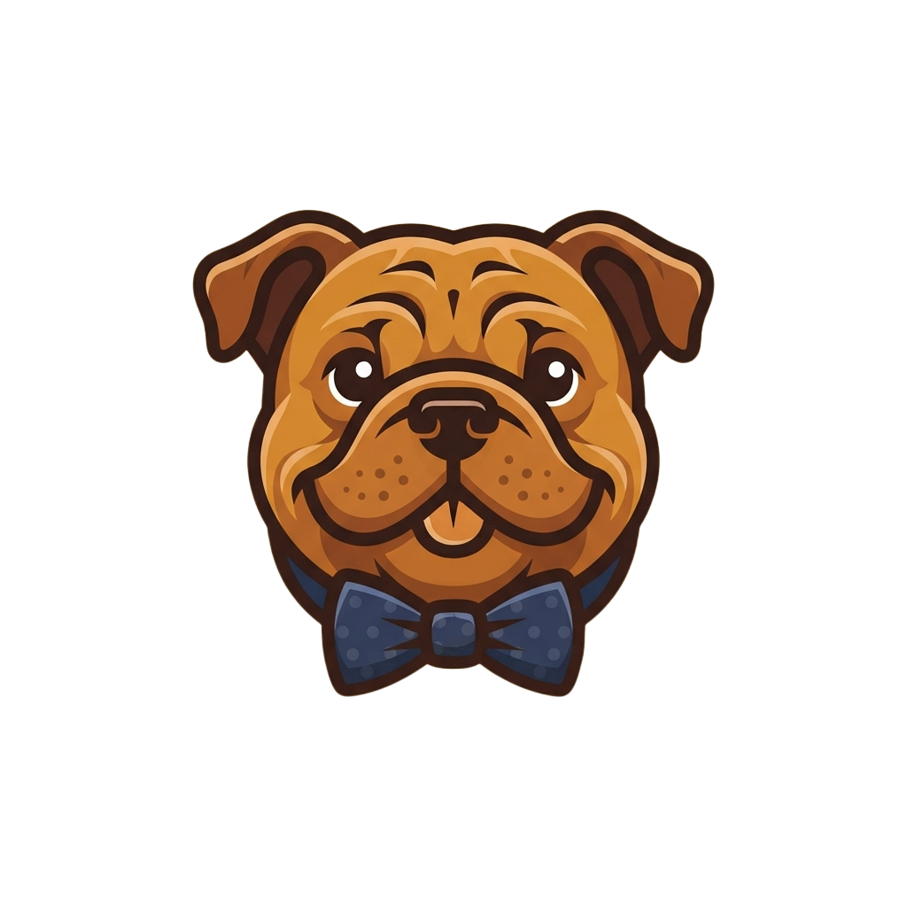 A stylized cartoon bulldog wearing a blue bow tie looking forward