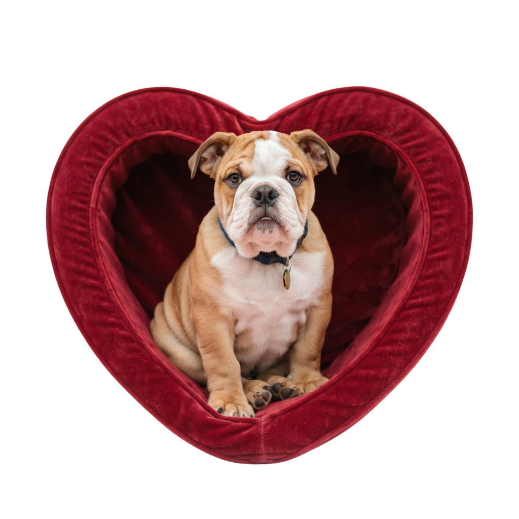 A bulldog puppy sitting inside a red heart-shaped pet bed