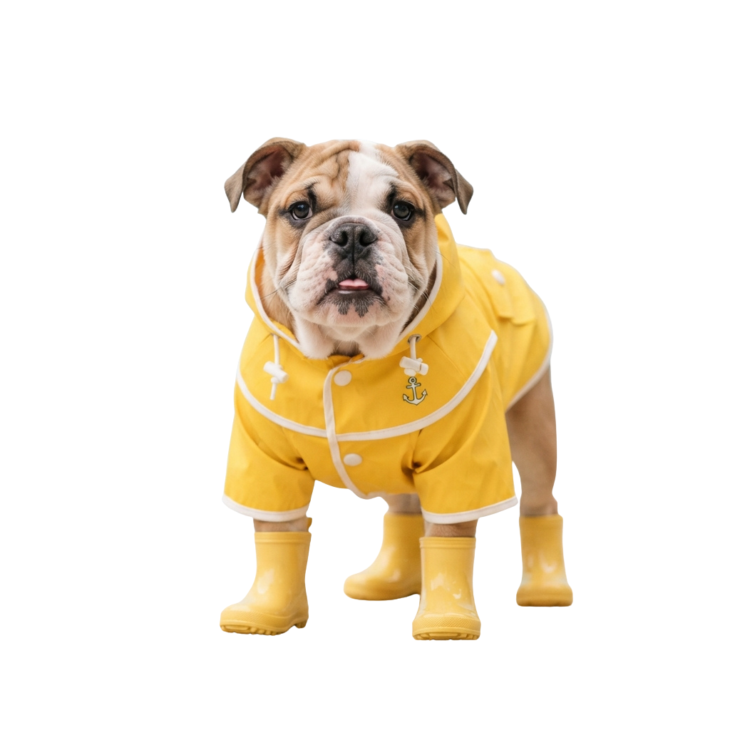 A bulldog wearing a bright yellow raincoat and matching yellow rain boots standing on a black background