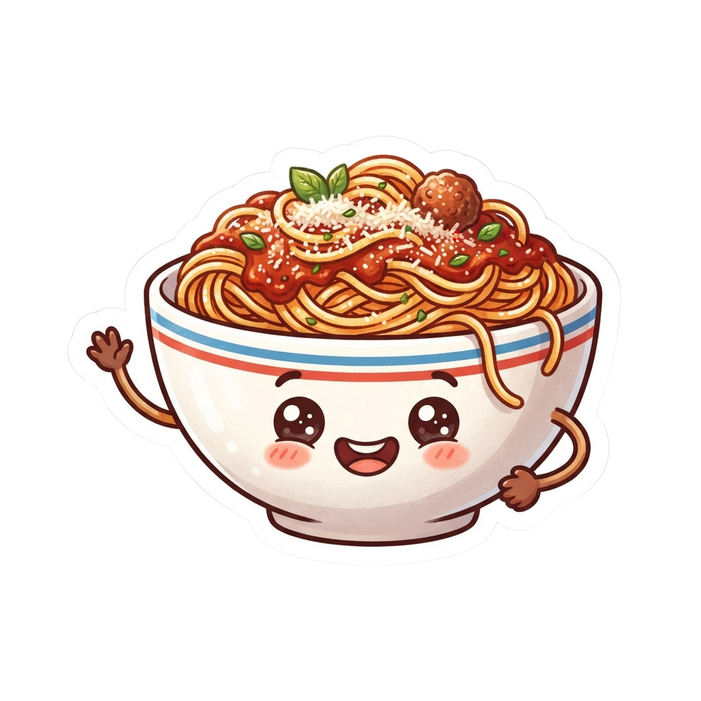 A smiling cartoon bowl of spaghetti with meatballs and sauce, waving arms and legs