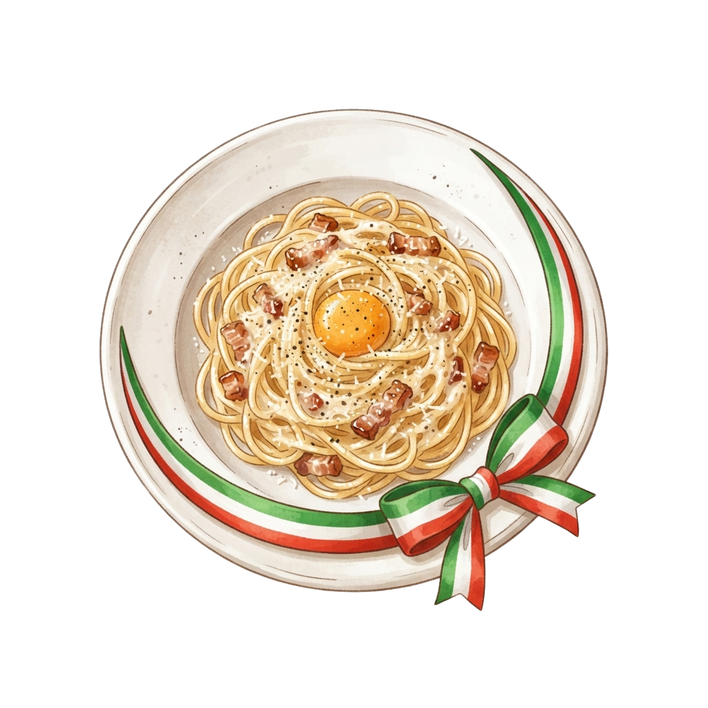 White plate with spaghetti carbonara topped with a poached egg, garnished with bacon bits, decorated with Italian flag colors and a bow.