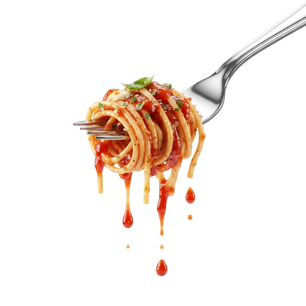 A fork holding spaghetti covered in tomato sauce with sauce dripping down