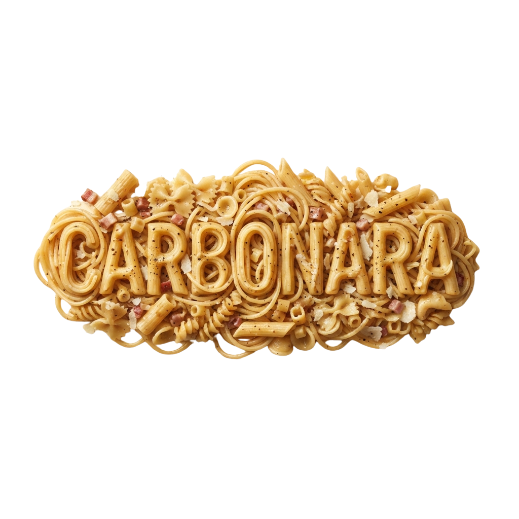 Artistic arrangement of spaghetti pasta shaped into the word carbonara with bacon pieces and pepper flakes.