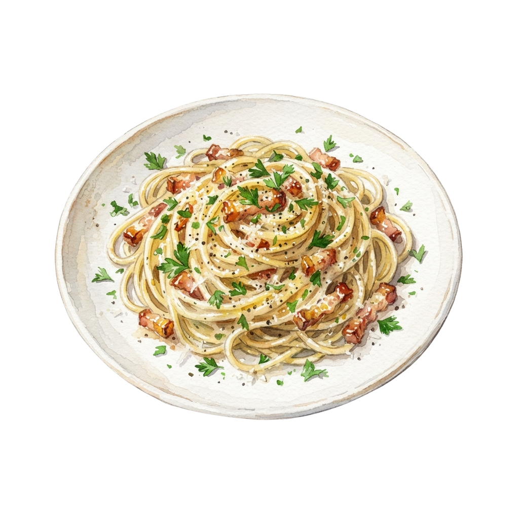 A plate of spaghetti pasta topped with crispy bacon bits and fresh parsley garnish