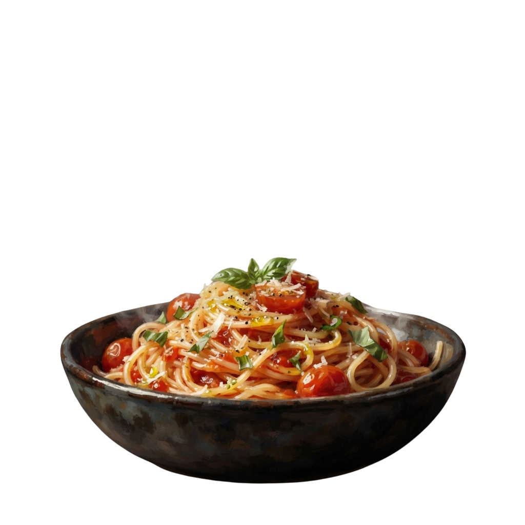 Bowl of spaghetti with tomato basil sauce, garnished with fresh basil and grated cheese