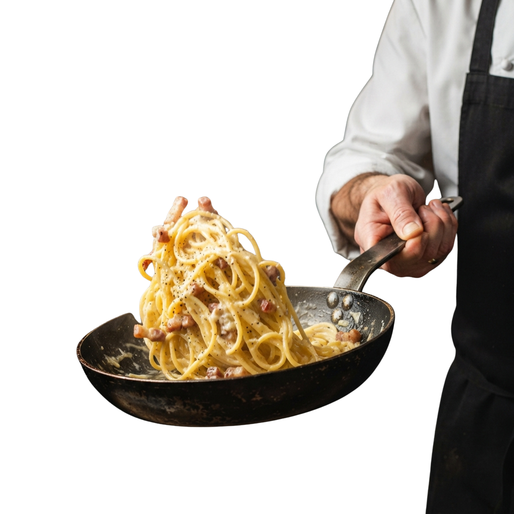 A chef holding a black pan filled with spaghetti and bacon, ready to serve.