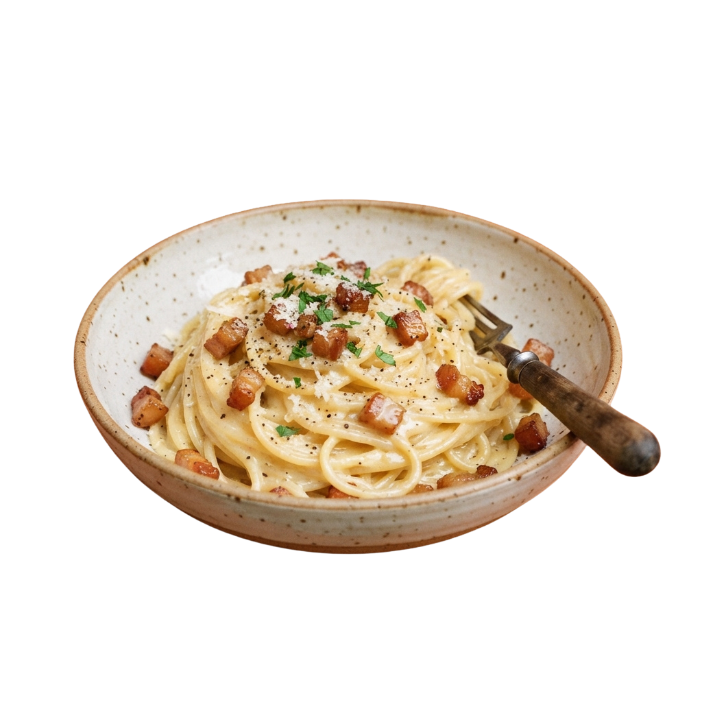 A ceramic bowl filled with spaghetti pasta topped with crispy bacon bits and fresh parsley garnish, served with a fork