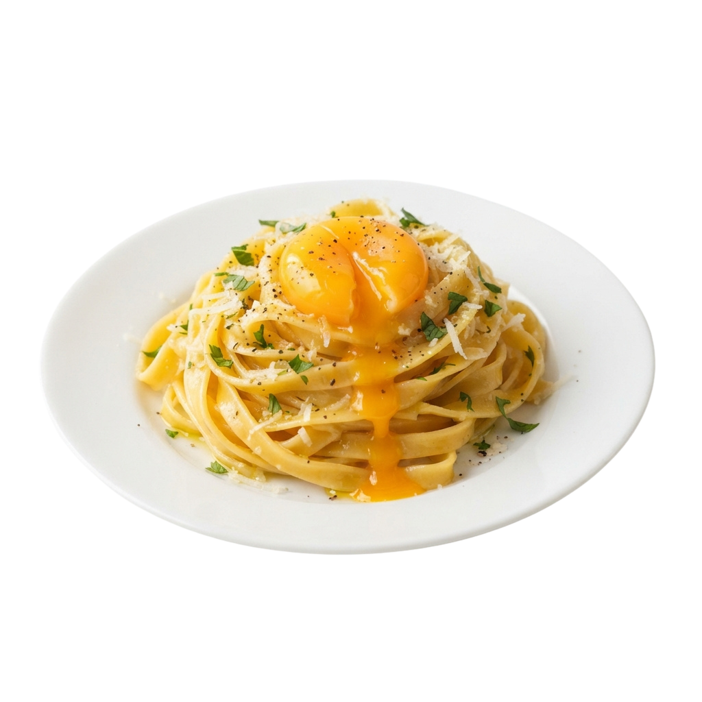 A plate of spaghetti topped with a poached egg and sprinkled with herbs and black pepper