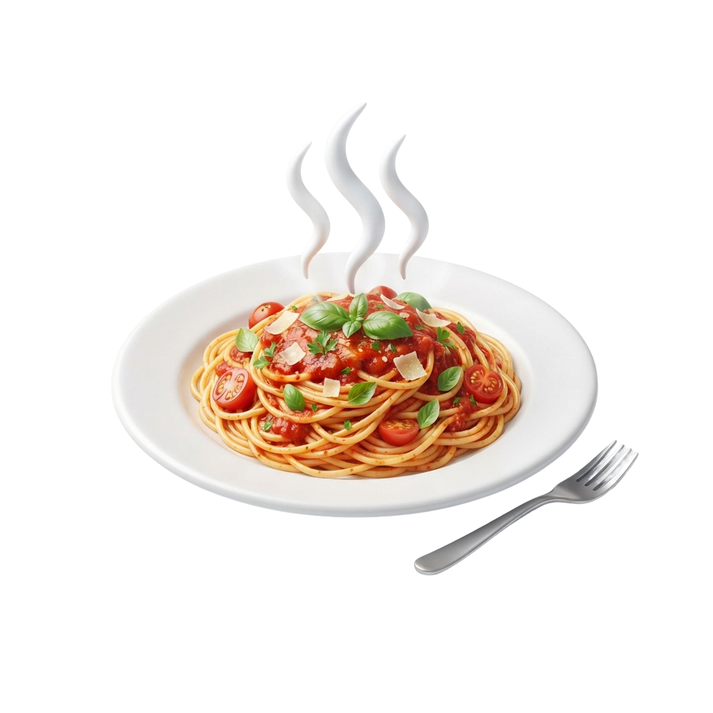 A plate of spaghetti with tomato basil sauce, garnished with fresh basil and cherry tomatoes, emitting steam.