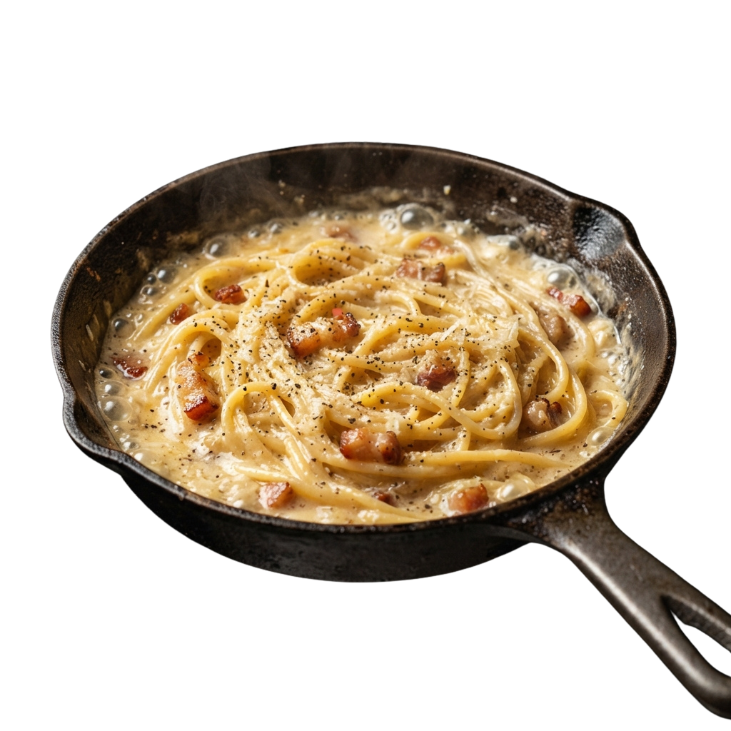 A skillet filled with creamy fettuccine pasta and chopped bacon garnished with black pepper flakes