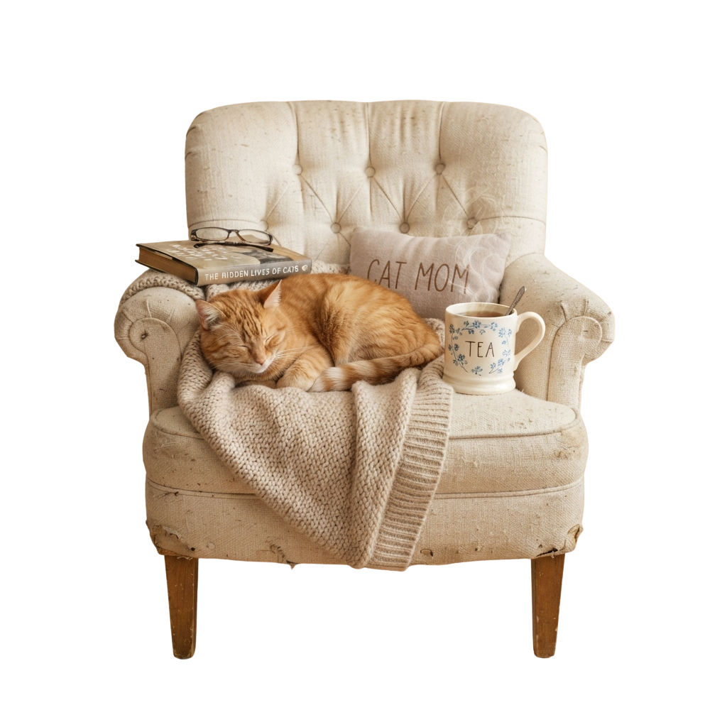 Orange cat curled up sleeping on a cushioned armchair with a knitted blanket, a book, and a teacup nearby