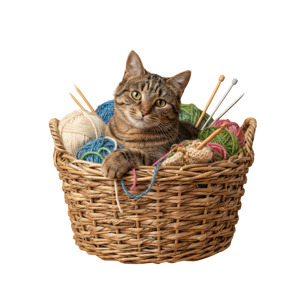 A striped cat sitting comfortably in a woven basket surrounded by colorful yarn and knitting needles
