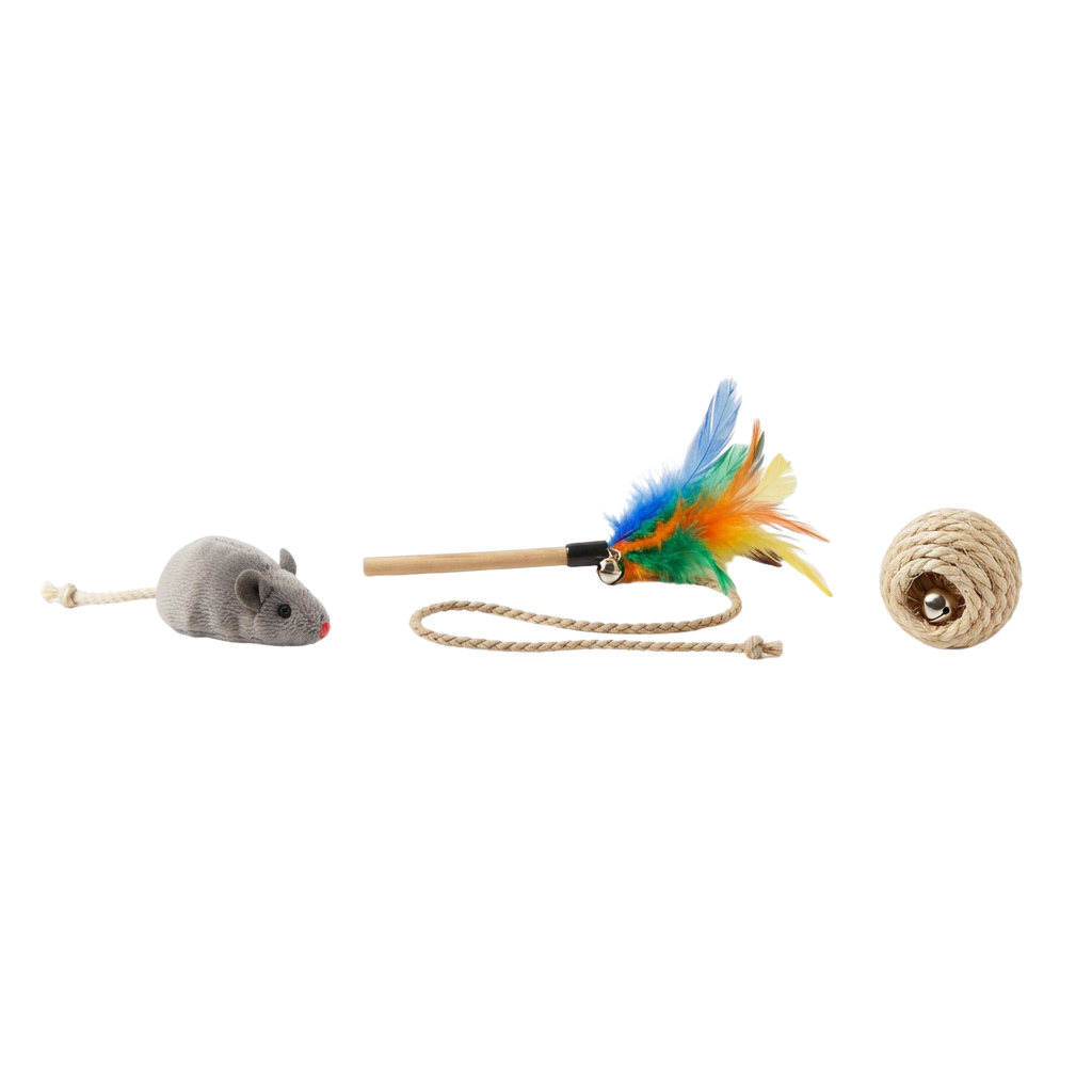 Three cat toys: a gray mouse toy, a feather teaser on a rope, and a rolled rope toy.