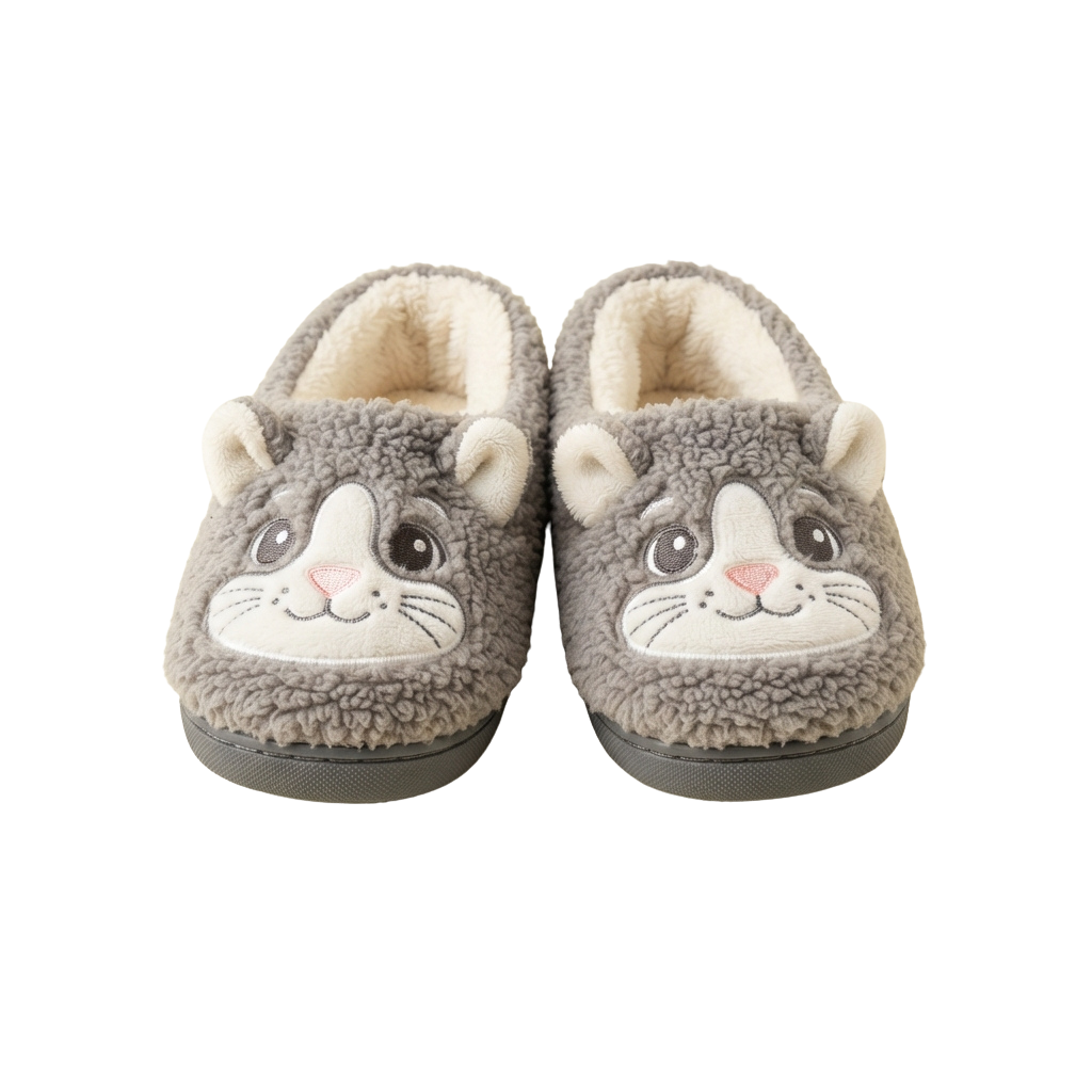 Pair of gray cat face plush slippers with white inner lining and soft fuzzy exterior