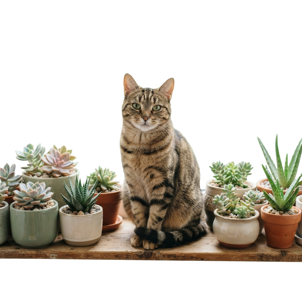 A tabby cat sitting on a shelf surrounded by various potted succulents and cacti