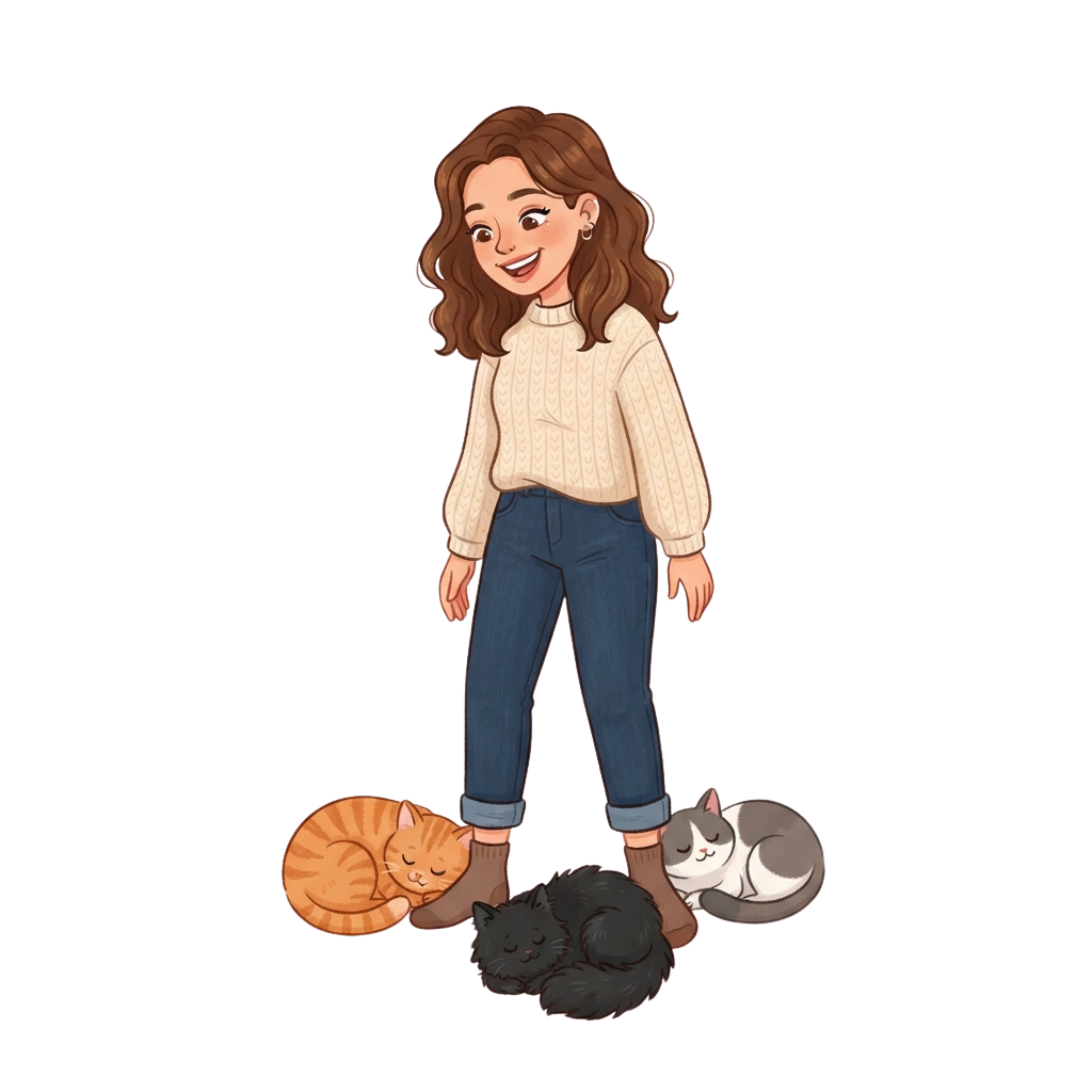Illustration of a smiling woman standing with an orange tabby, black cat, and gray kitten around her feet