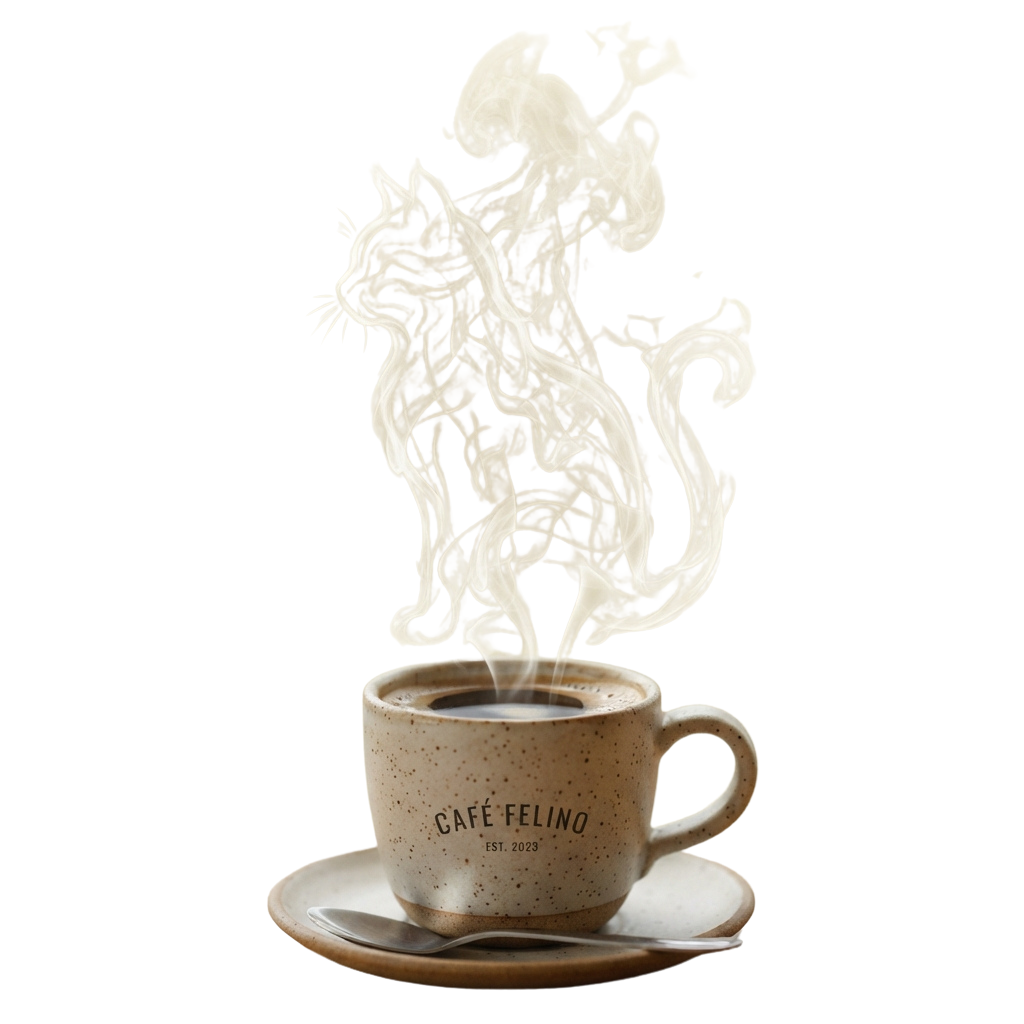 A ceramic coffee cup with latte art shaped like a cat emerging from the steamed milk on top