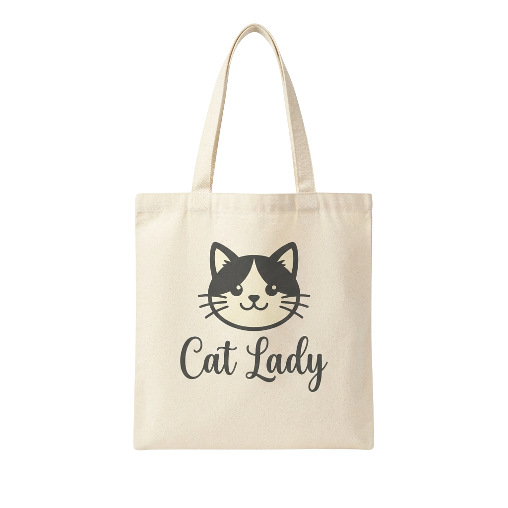 White tote bag featuring a black and white cat face graphic with the text Cat Lady underneath