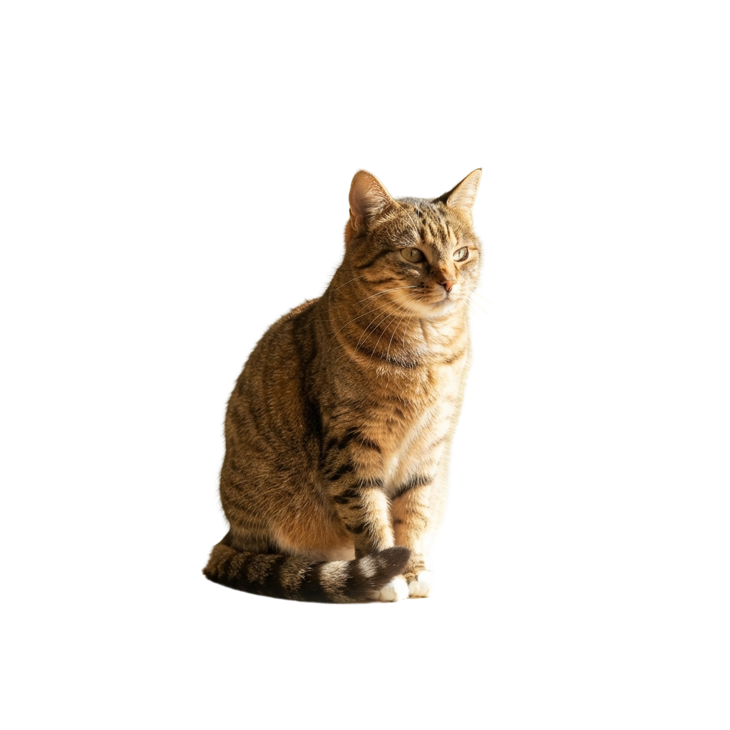 A tabby cat sitting with a relaxed posture against a dark background, illuminated from the side