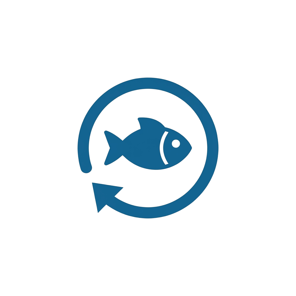 Blue recycling symbol with a fish inside, indicating eco-friendly recycling of aquatic products