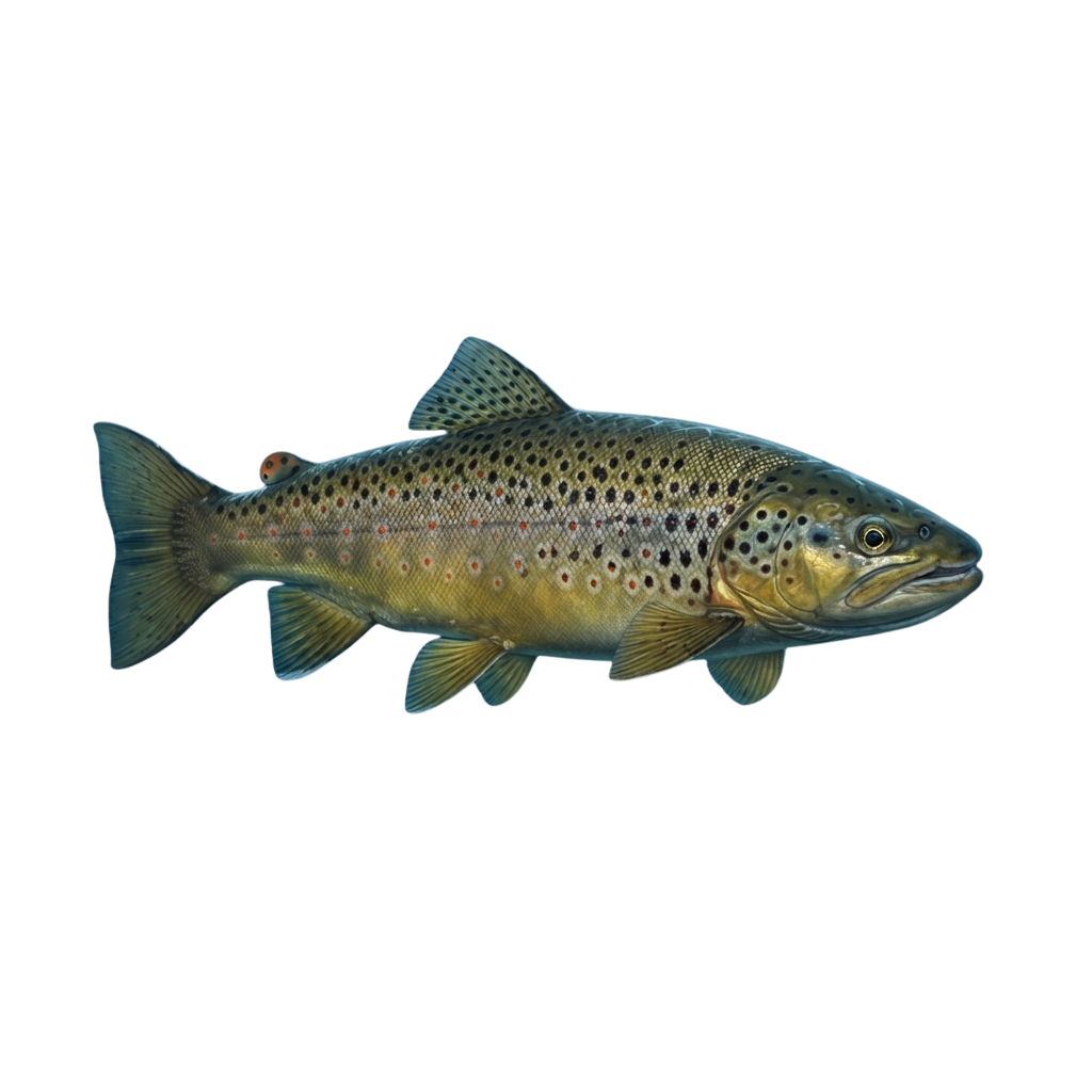 A detailed illustration of a brown trout swimming against a black background